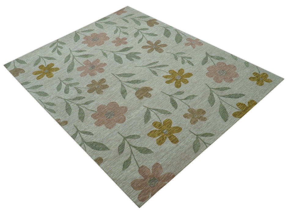 Custom Made Modern Floral Design Beige Hand Tufted Wool Area Rug