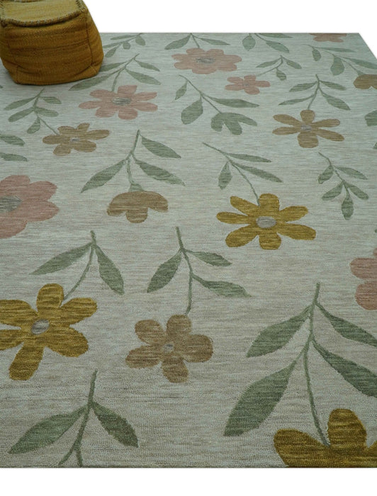 Custom Made Modern Floral Design Beige Hand Tufted Wool Area Rug