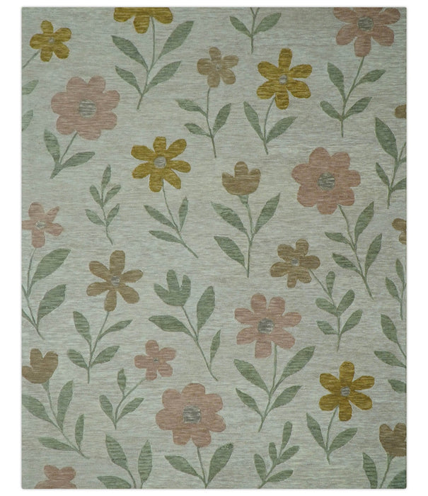 Custom Made Modern Floral Design Beige Hand Tufted Wool Area Rug