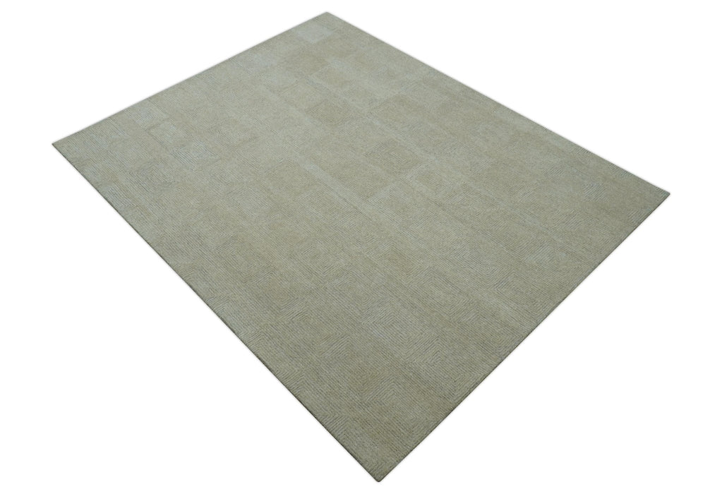 Custom Made Modern Geometrical Beige and Silver Hand Tufted Natural Wool Area Rug