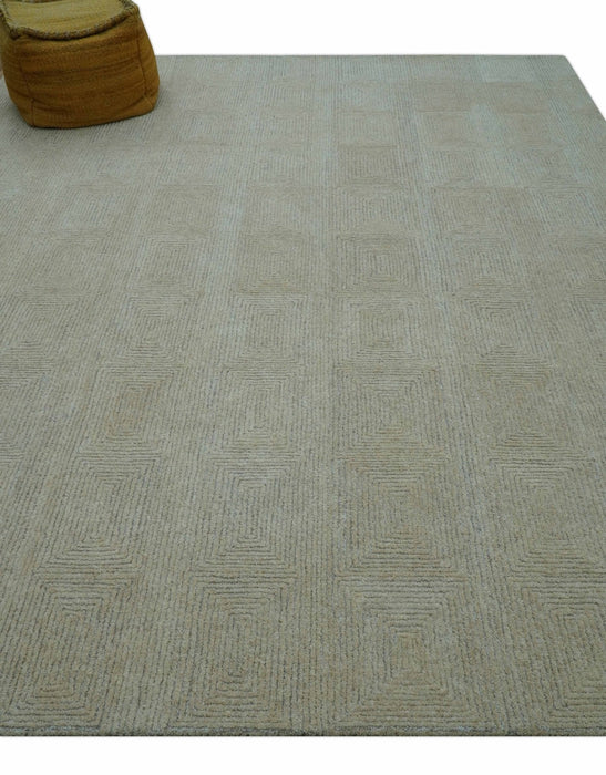 Custom Made Modern Geometrical Beige and Silver Hand Tufted Natural Wool Area Rug