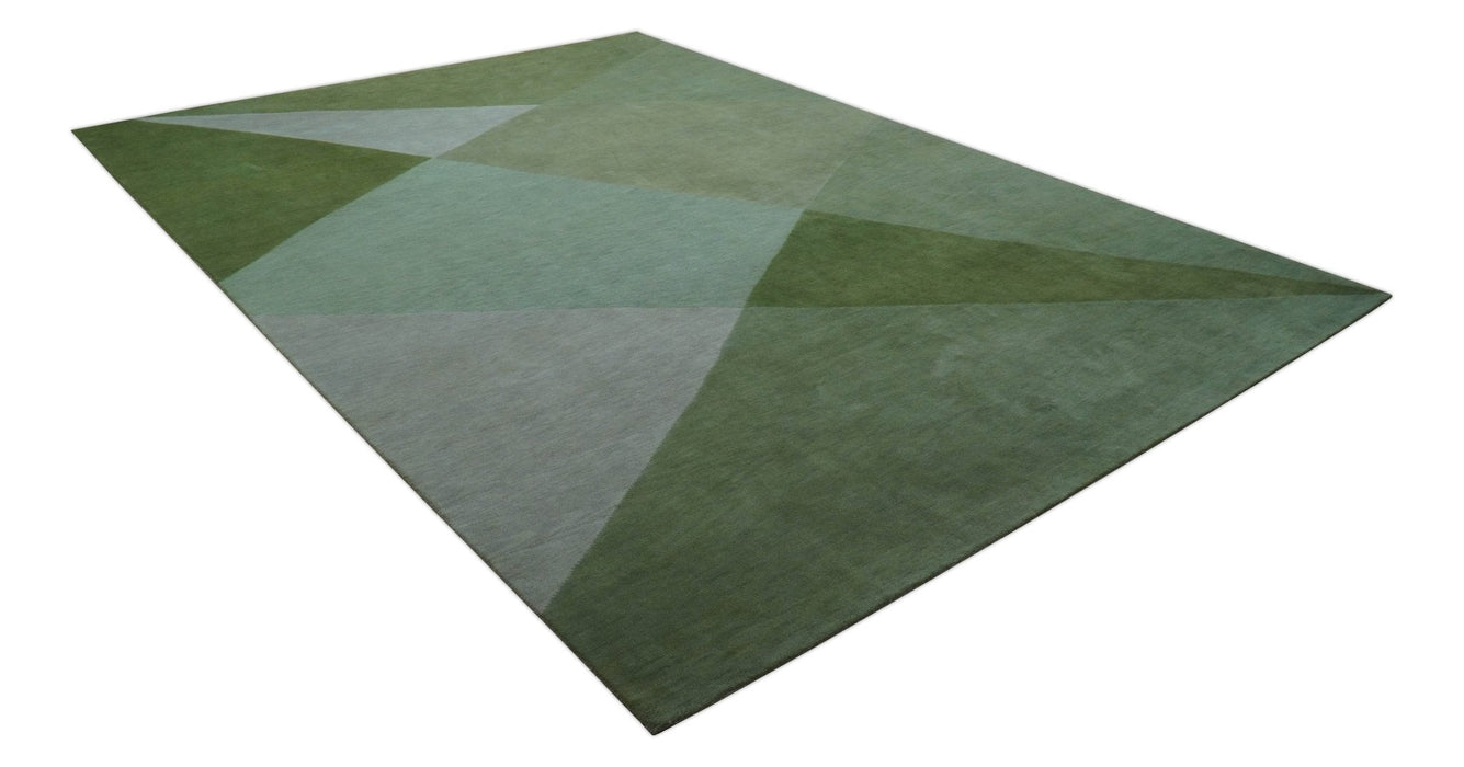 Custom Made Modern Geometrical Design Green And Gray Hand knotted wool Area Rug