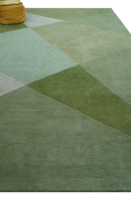 Custom Made Modern Geometrical Design Green And Gray Hand knotted wool Area Rug