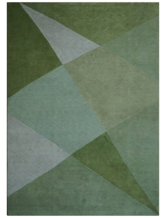 Custom Made Modern Geometrical Design Green And Gray Hand knotted wool Area Rug