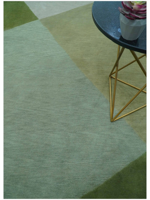 Custom Made Modern Geometrical Design Green And Gray Hand knotted wool Area Rug
