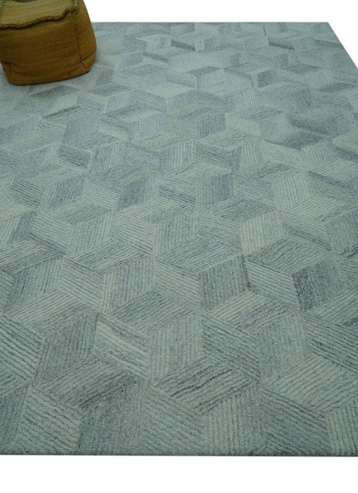 Custom Made Modern Geometrical Gray Hand Tufted Natural Wool Area Rug