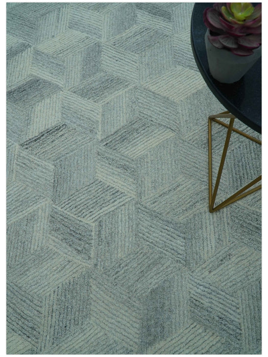 Custom Made Modern Geometrical Gray Hand Tufted Natural Wool Area Rug