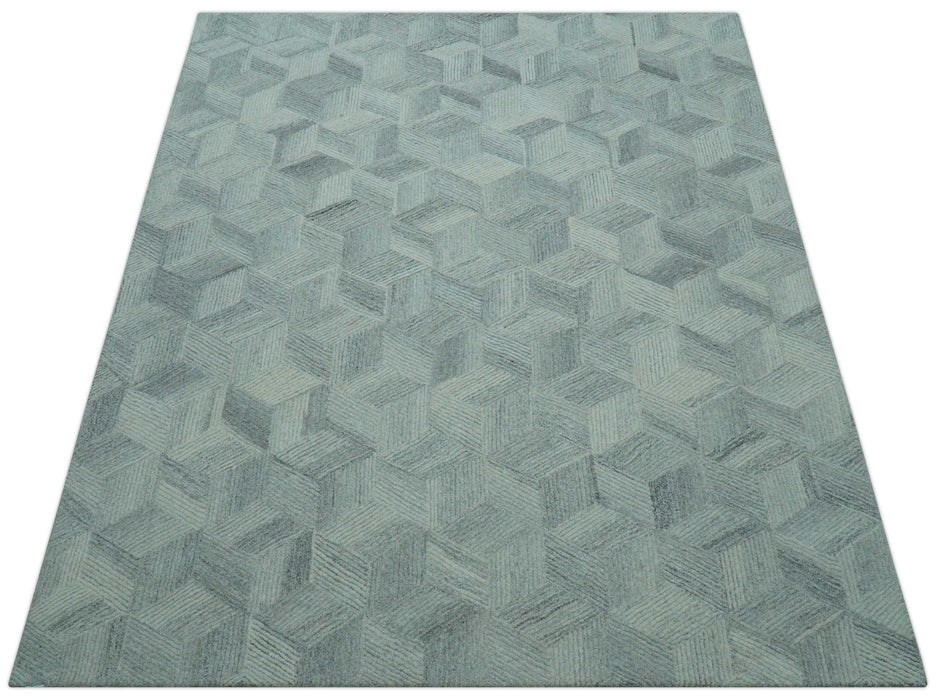 Custom Made Modern Geometrical Gray Hand Tufted Natural Wool Area Rug