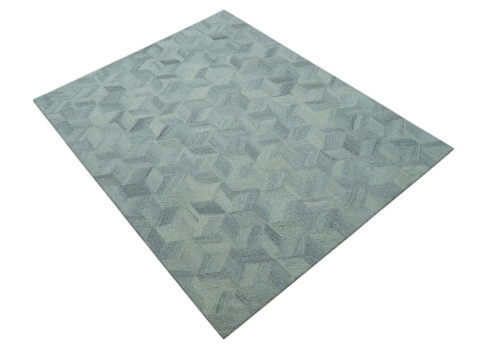 Custom Made Modern Geometrical Gray Hand Tufted Natural Wool Area Rug