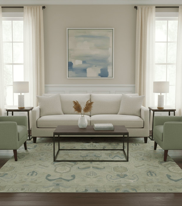 Custom Made Modern Ikat Design Beige And Blue Hand Knotted Wool Area Rug