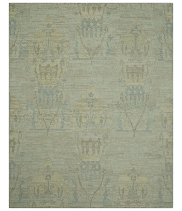 Custom Made Modern Ikat Design Beige And Blue Hand Knotted Wool Area Rug