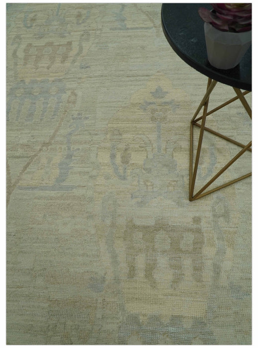 Custom Made Modern Ikat Design Beige And Blue Hand Knotted Wool Area Rug