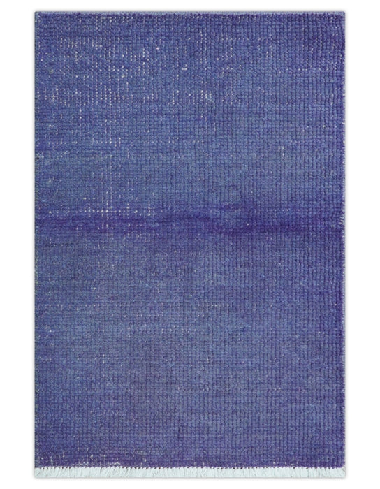 Custom Made Modern Solid Overdyed Blue Hand Knotted Wool Area Rug