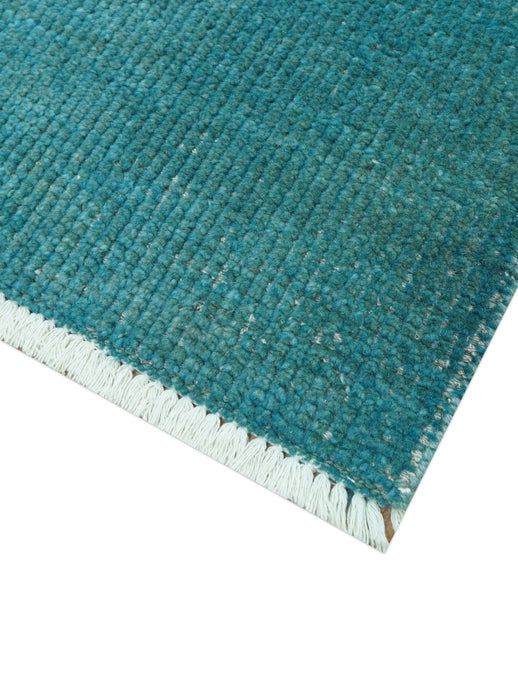 Custom Made Modern Solid Overdyed Blue Hand Knotted Wool Area Rug