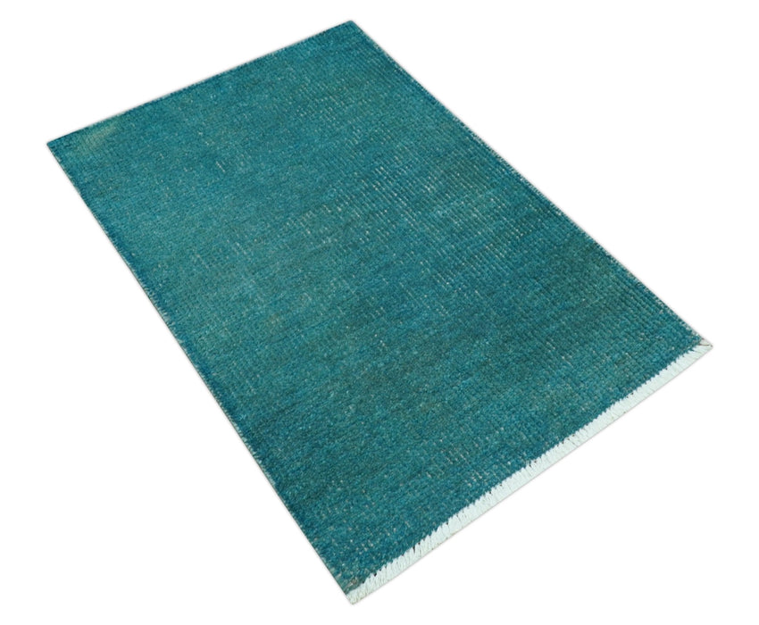 Custom Made Modern Solid Overdyed Blue Hand Knotted Wool Area Rug