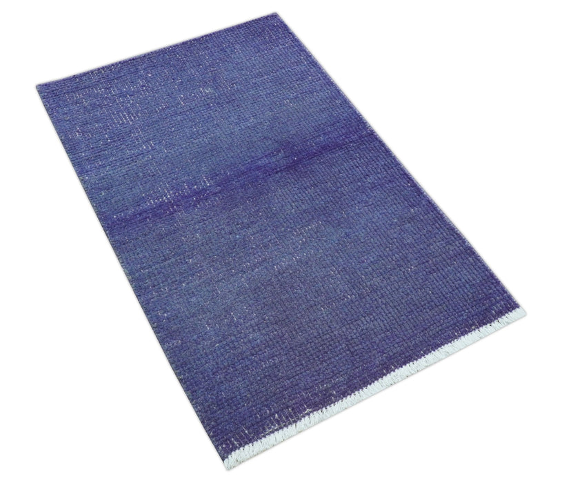 Custom Made Modern Solid Overdyed Blue Hand Knotted Wool Area Rug