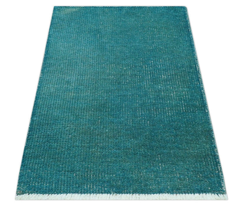 Custom Made Modern Solid Overdyed Blue Hand Knotted Wool Area Rug