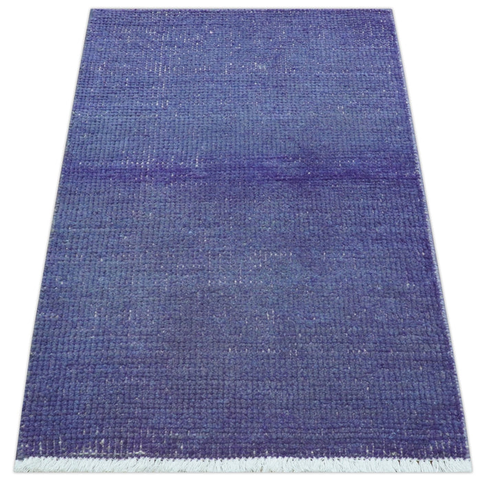 Custom Made Modern Solid Overdyed Blue Hand Knotted Wool Area Rug