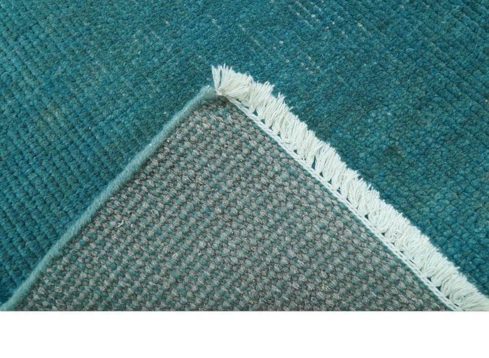 Custom Made Modern Solid Overdyed Blue Hand Knotted Wool Area Rug