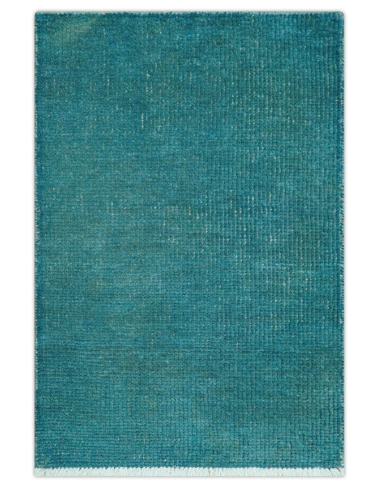 Custom Made Modern Solid Overdyed Blue Hand Knotted Wool Area Rug