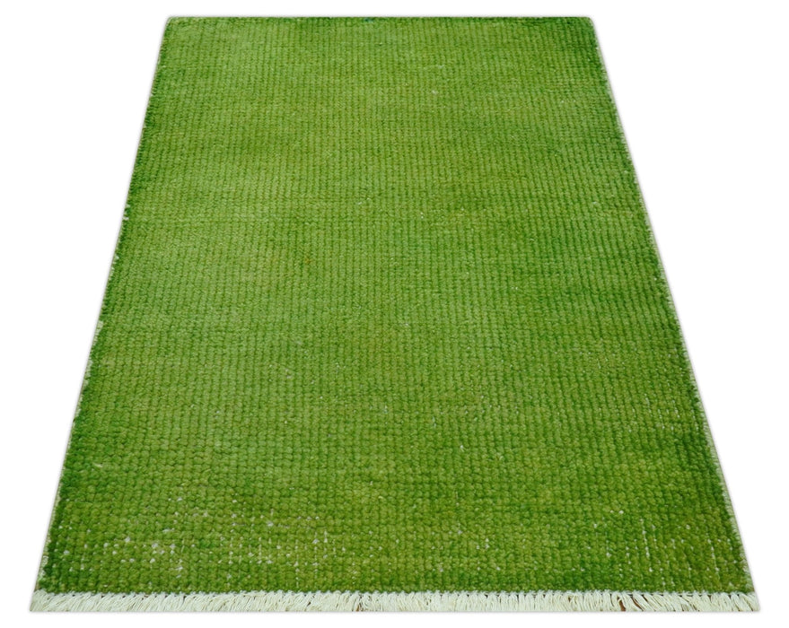 Custom Made Modern Solid Overdyed Green Hand Knotted Wool Area Rug