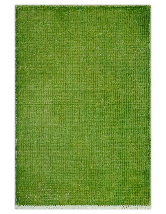 Custom Made Modern Solid Overdyed Green Hand Knotted Wool Area Rug