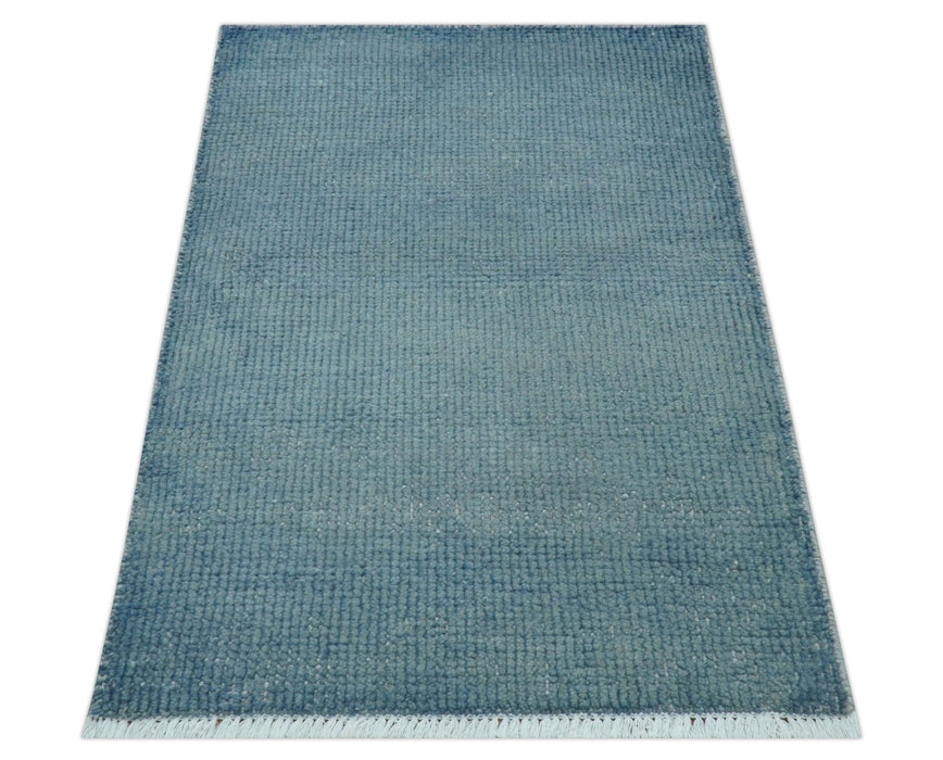 Custom Made Modern Solid Overdyed Light Blue Hand Knotted Wool Area Rug