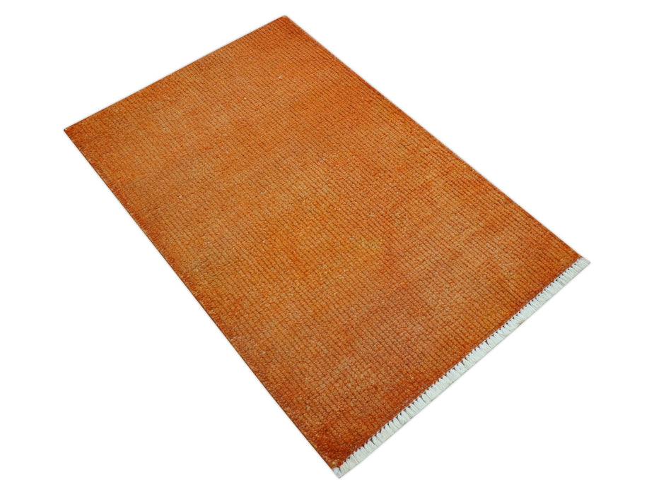 Custom Made Modern Solid Overdyed Orange Hand Knotted Wool Area Rug
