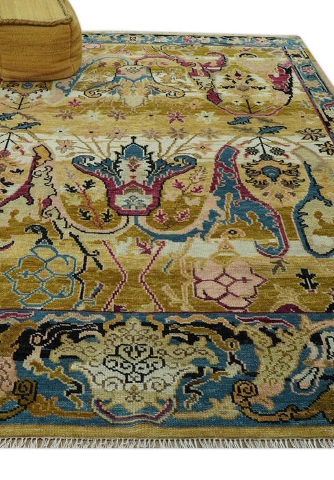 Custom Made Mustard and Teal transitional Dragon Oushak wool area rug
