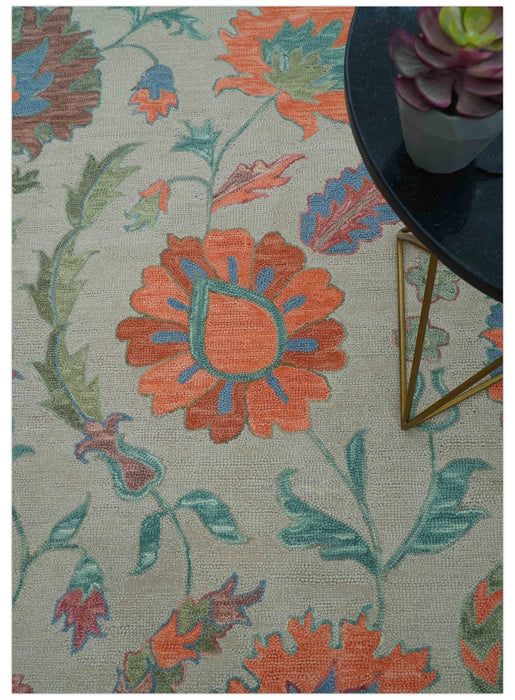Custom Made Oriental Uzbek Design Floral Beige Hand Tufted Wool Area Rug