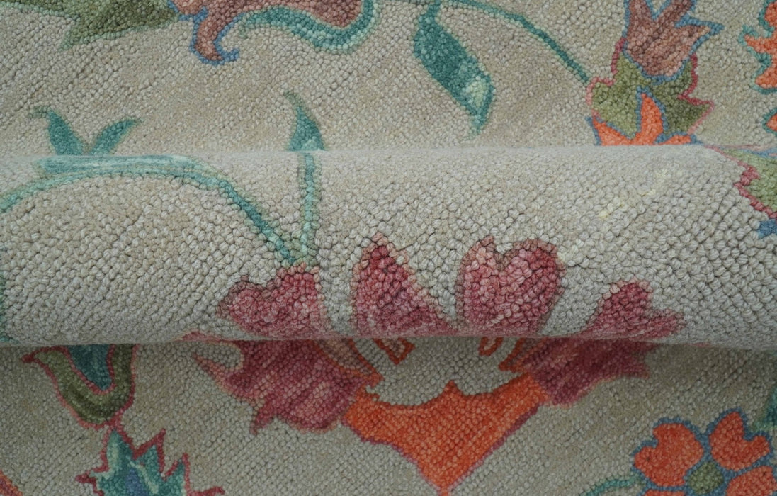 Custom Made Oriental Uzbek Design Floral Beige Hand Tufted Wool Area Rug