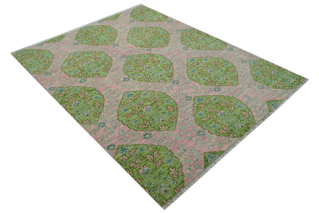 Custom Made Pink And Green Traditional Floral Motifs Design Hand Knotted wool area rug