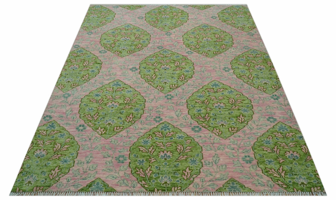 Custom Made Pink And Green Traditional Floral Motifs Design Hand Knotted wool area rug