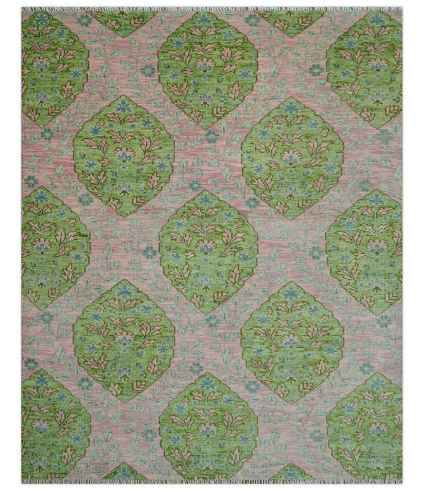 Custom Made Pink And Green Traditional Floral Motifs Design Hand Knotted wool area rug
