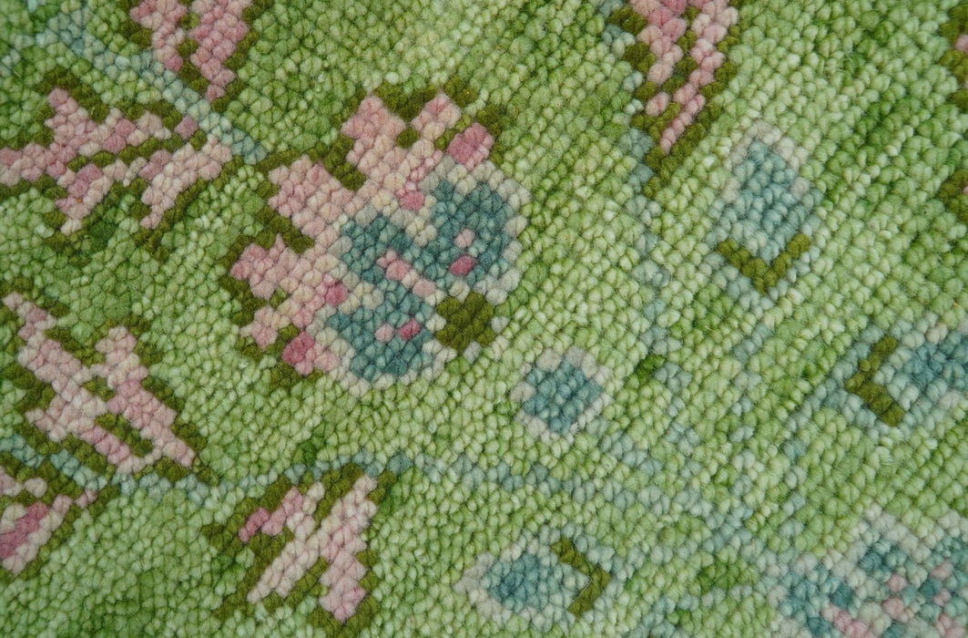 Custom Made Pink And Green Traditional Floral Motifs Design Hand Knotted wool area rug