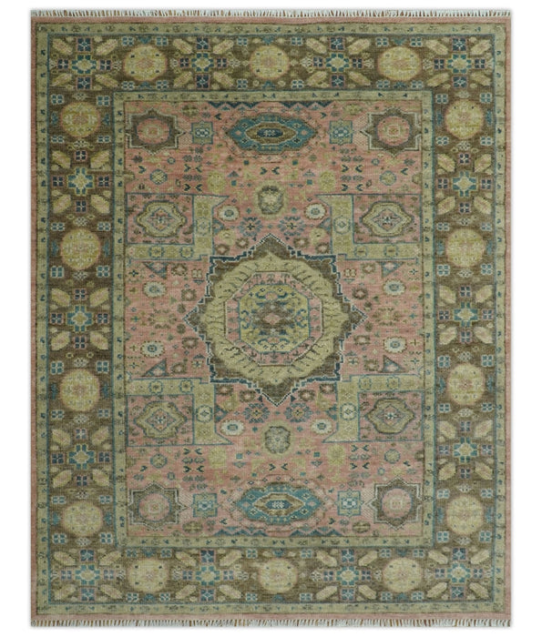 Custom Made Pink, Beige and Olive Hand knotted Medallion Mamluk Multi Size wool Area Rug