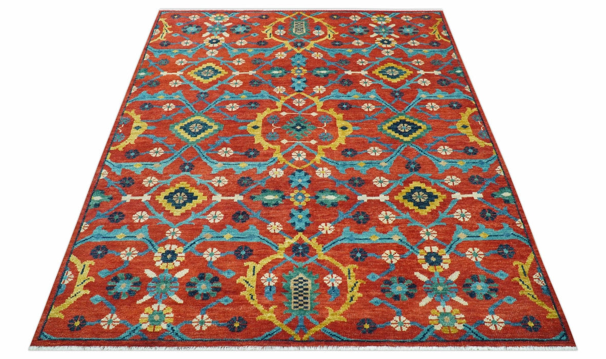 Custom Made Red And Blue Traditional Floral Motifs Hand Knotted Wool Rug