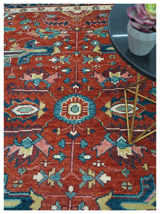 Custom Made Red And Blue Traditional Hand Knotted Wool Rug