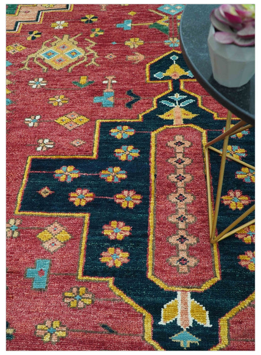 Custom Made Red And Green Traditional Heriz Design Hand Knotted Wool Rug