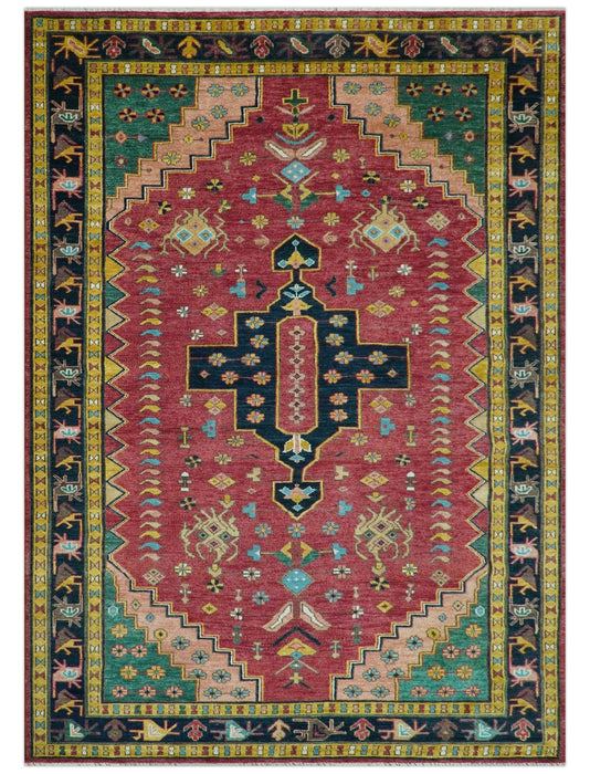 Custom Made Red And Green Traditional Heriz Design Hand Knotted Wool Rug
