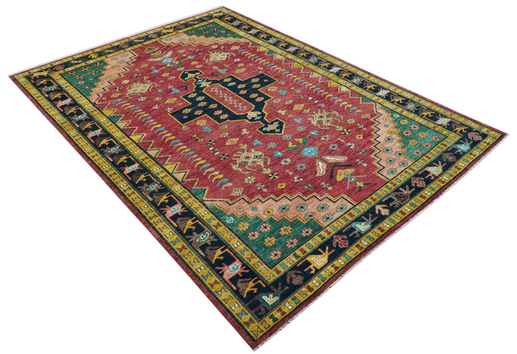 Custom Made Red And Green Traditional Heriz Design Hand Knotted Wool Rug