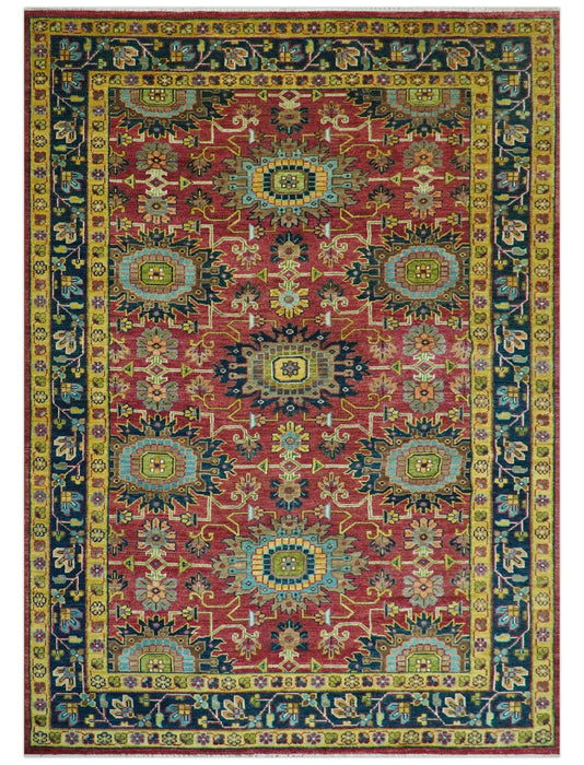 Custom Made Red And Mustard Traditional Floral Design Hand Knotted Wool Rug