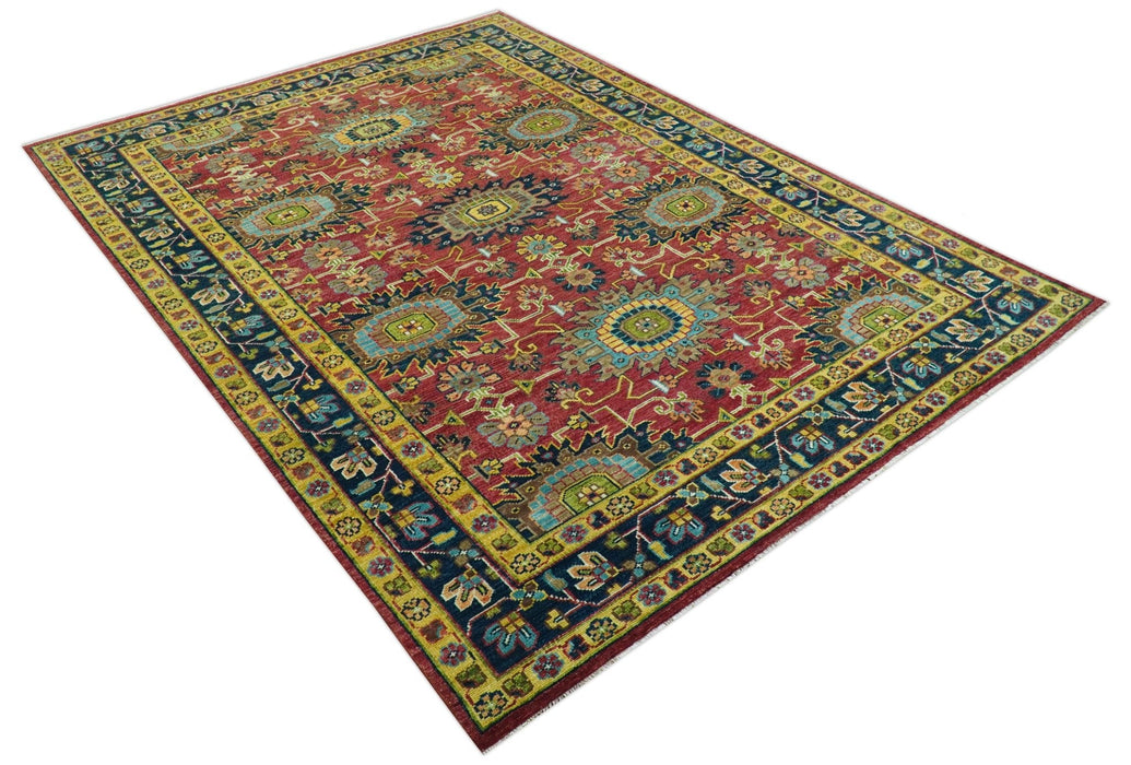 Custom Made Red And Mustard Traditional Floral Design Hand Knotted Wool Rug