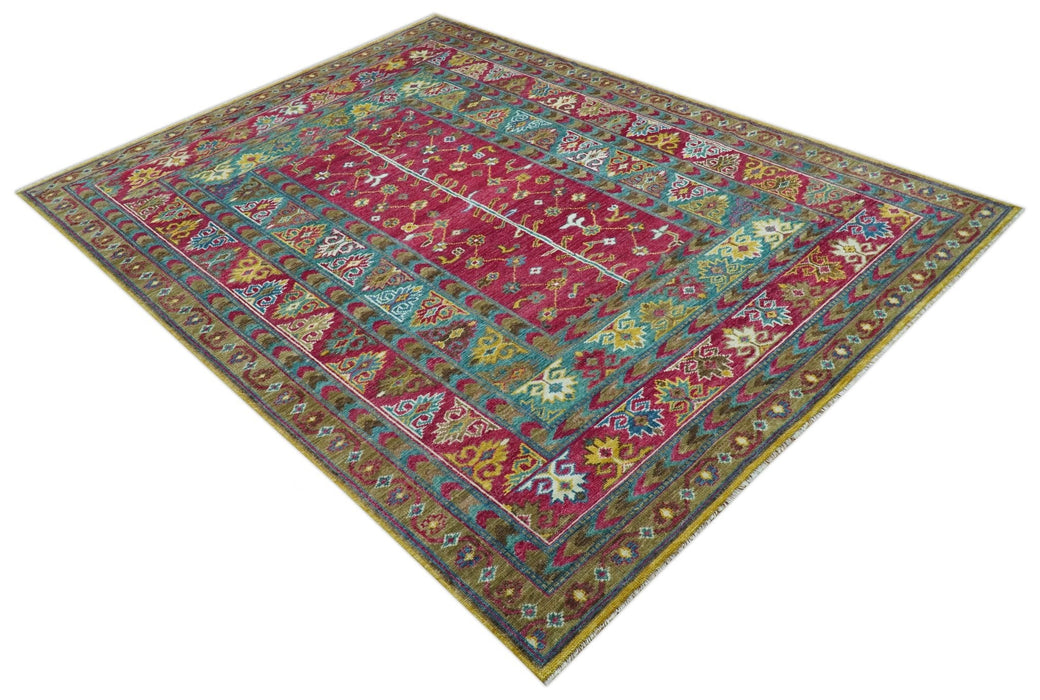 Custom Made Red And Olive Traditional Floral Design Hand Knotted Wool Rug