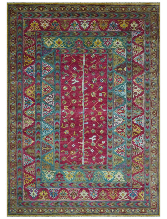 Custom Made Red And Olive Traditional Floral Design Hand Knotted Wool Rug