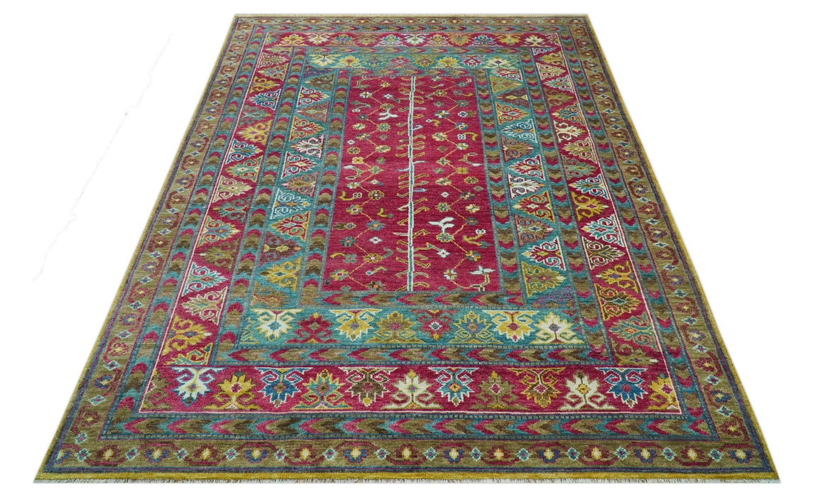 Custom Made Red And Olive Traditional Floral Design Hand Knotted Wool Rug