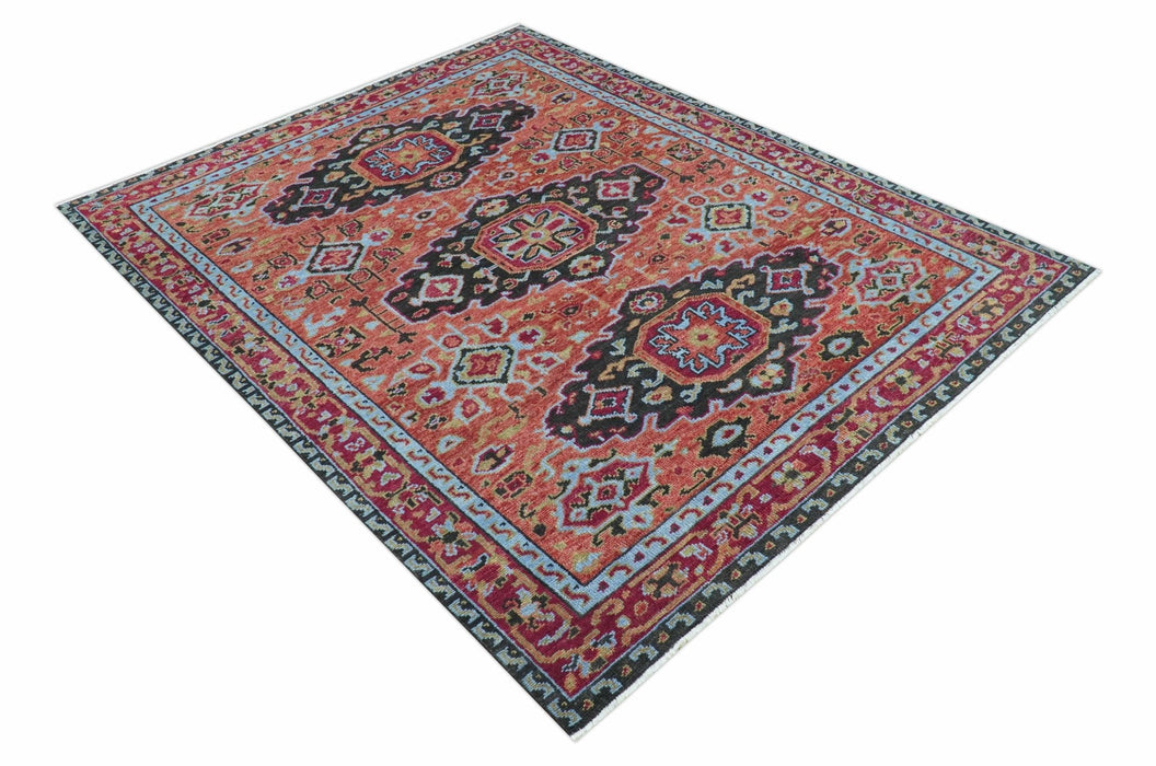 Custom Made Rust And Black Traditional Medallions Design Hand Knotted Wool Rug
