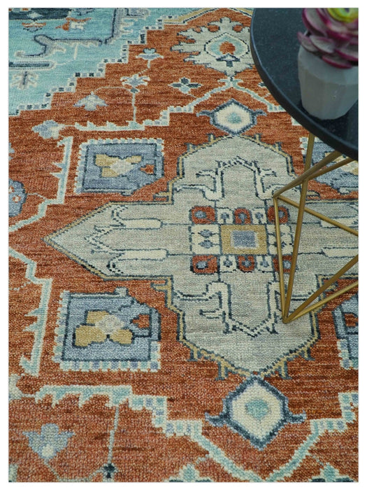 Custom Made Rust And Blue Traditional Serapi Design Hand Knotted Wool Rug