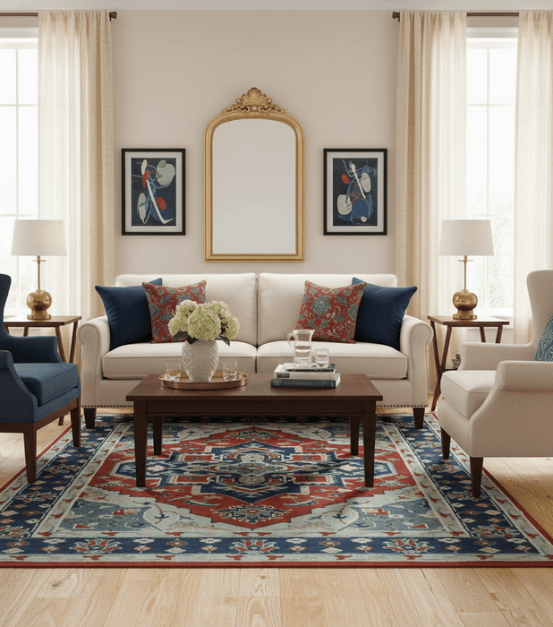 Custom Made Rust, Blue and Silver hand knotted Traditional Heriz wool area rug