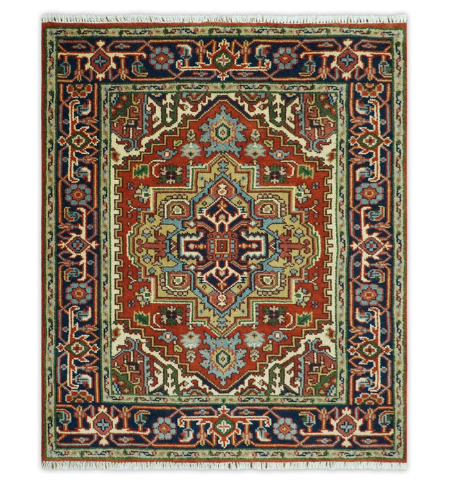 Custom Made Rust, Mustard, Ivory and Blue Hand Knotted Traditional Wool Area Rug
